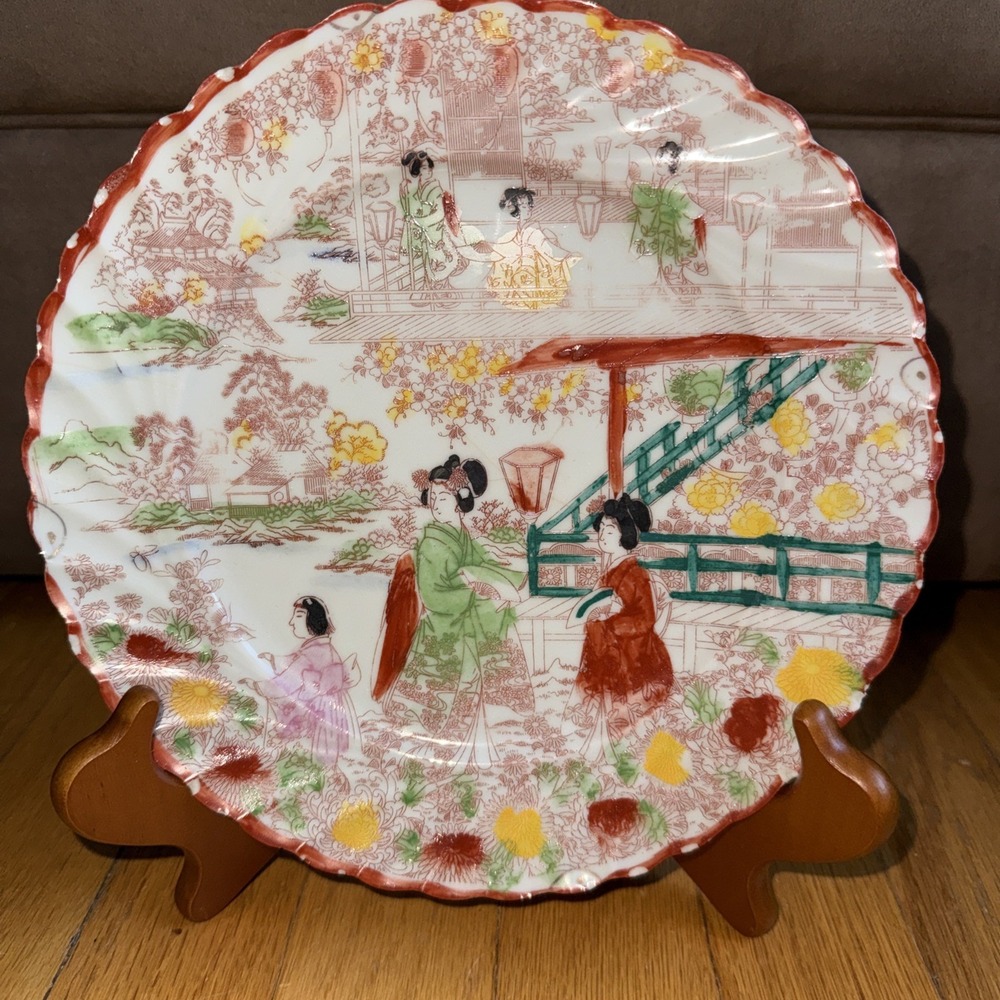 Japanese Taisho Geisha Ware Scalloped Edge Plate Vintage Antique Japan